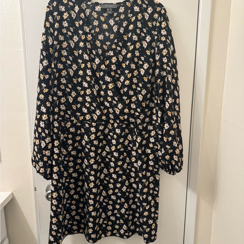 Floral Black and Yellow Mock Wrap Long Sleeve Dress